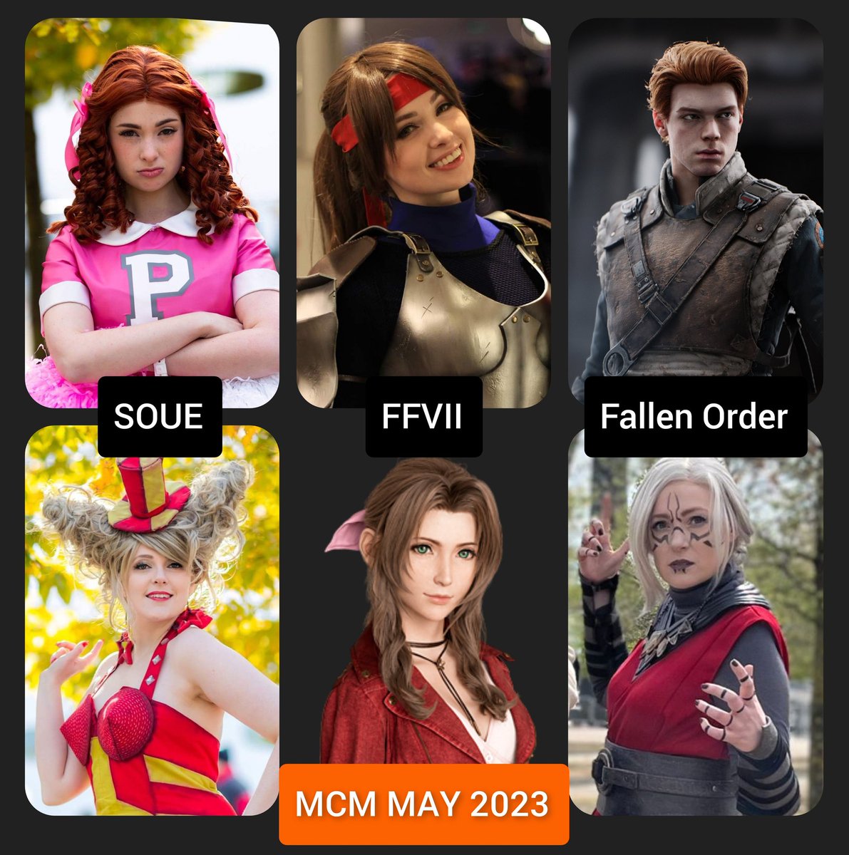 It's been a while... And I'm not sure anyone will see this but I thought I would come on here and post our MCM line up... Rather late as we still had to decide our Friday one. 
If anyone would like photos please give me a shout. 

#SOUE
#FinalFantasyVII
#FallenOrder