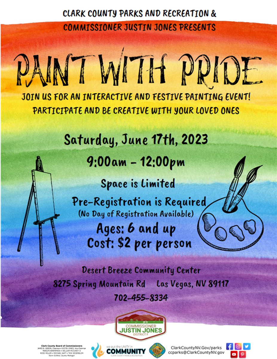 The Paint With Pride Painting Workshop, will feature a LGBT artist, who will guide participants through a fun painting experience! For more info, please see the attached flyer, or call us at 702-455-8334.  @JustinJonesNV @ClarkCountyPark @ClarkCountyNV #OnlyVegas #Vegas #LasVegas