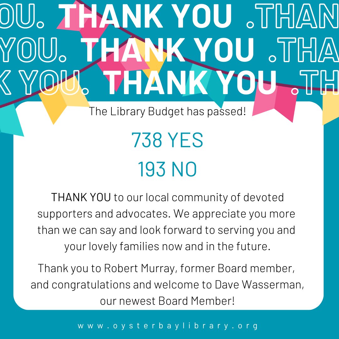 OBENLibrary's tweet photo. Thank you! A SWEEPING victory, we're humbled and grateful for your continued support! ❤️#libraries #budgetvote #oysterbayeastnorwich https://t.co/2yYUcVJBk1