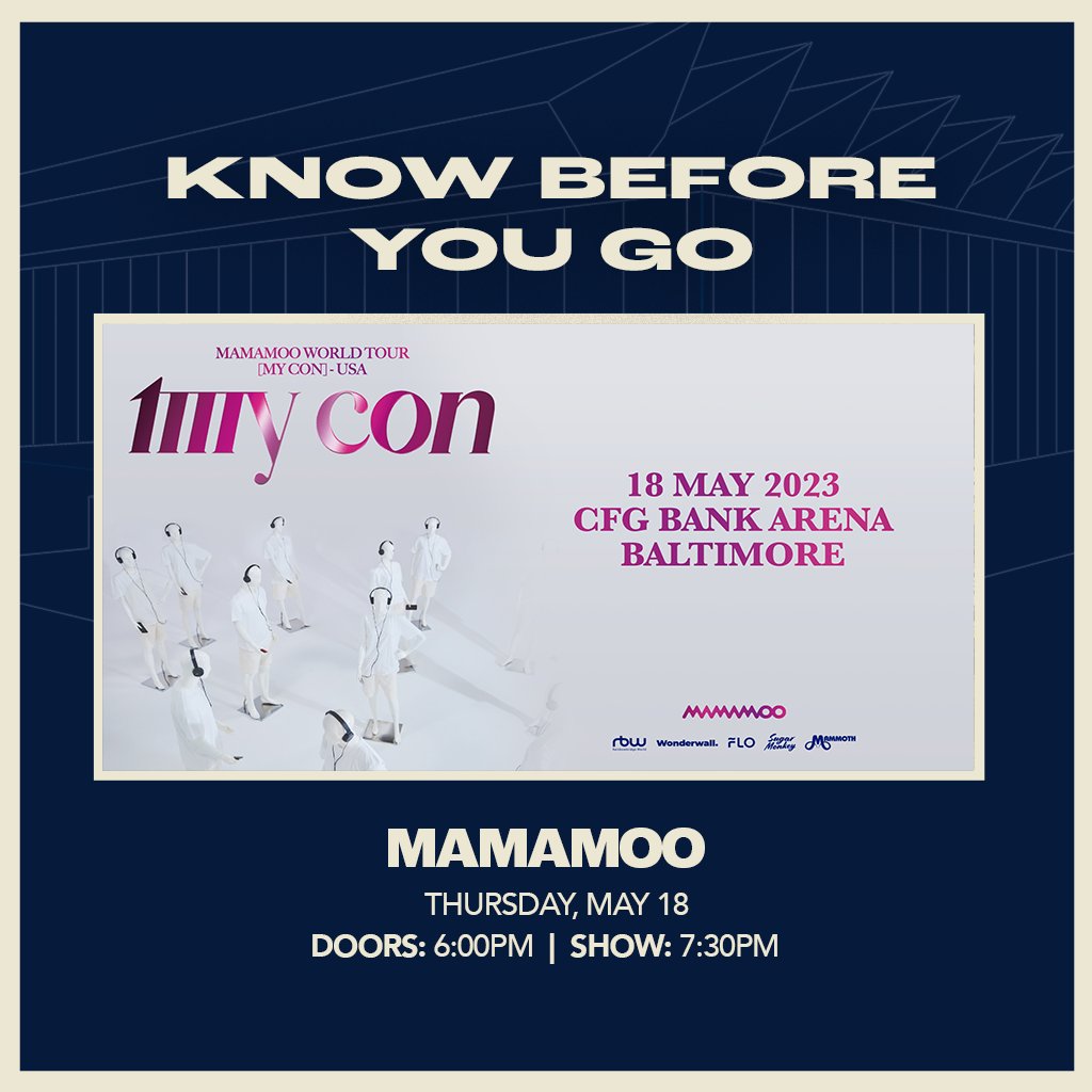 CFGBankArena's tweet photo. Get ready to sing and dance the night away as @RBW_MAMAMOO and the MooMoo's take over CFG Bank Arena this Thursday, May 18! 🎶🎉 Don't miss out on the fun and join us for #MoreVibes! 😍💃
#MAMAMOO #MY_CON_BALTIMORE #MY_CON
More Informaation: https://t.co/wFDvnkd7sS https://t.co/5D4RylOXWl