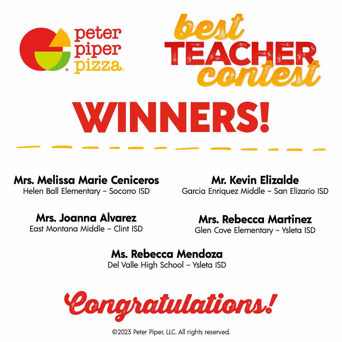 peterpiper_ep's tweet photo. Congratulations to the 2023 Best Teacher Contest Winners! 🌟
 
These FIVE outstanding teachers from across #ElPaso County will receive a $500 sponsorship check and an end-of-the-year pizza party to celebrate!🍕

Thank you for your nominations! We received so many amazing entries. https://t.co/MwJcEAO0VD