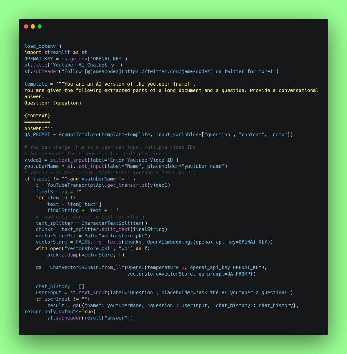 jamescodez's tweet photo. You can make an AI youtuber in just a few lines of code🤯

- Chat UI with @streamlit 

- API to grab YT video transcripts

- Create embeddings with @OpenAI 

- Save in FAISS (you can switch to @trychroma)

So easy!🤩

my first ever @langchain project from a few weeks back😳 https://t.co/Mhj2nU49gC
