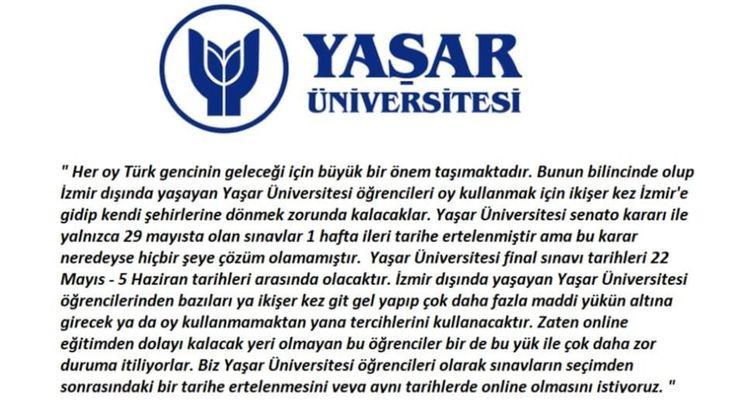 Yaşar Üniversitesi öğrencileri sınav tarihlerinin 2. Tur ile çakışması sebebiyle mağduriyet yaşıyor.
Öğrenciler sınavların ertelenmesini veya online olmasını istiyor.