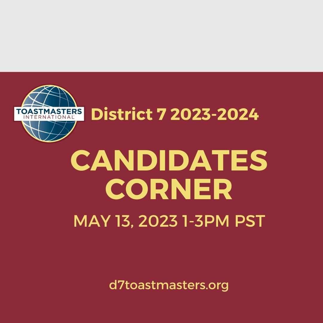 Meet the Toastmasters who were selected by the Nominating Committee to represent you during 2023-2024. Register link: d7toastmasters.org/mec-events/can…