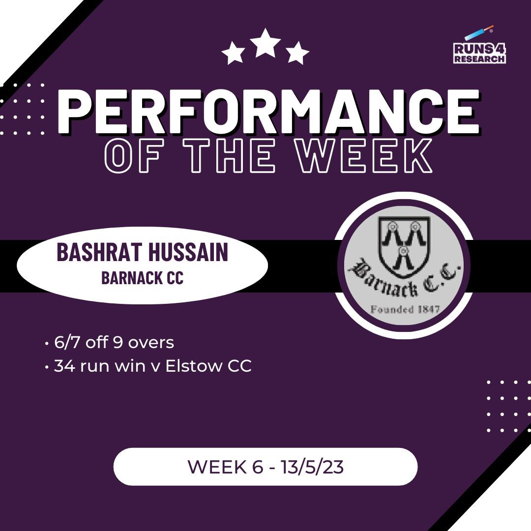 When you get bowled out for 71, you need a special spell to keep yourself in contention. As with Week 5, our #POTW does just this. Bashrat Hussain of <a href="/BarnackClub/">Barnack Cricket Club</a> bowled a 9 over spell, conceding only 7 runs as his team dismissed their hosts to complete a win! #Runs4Research