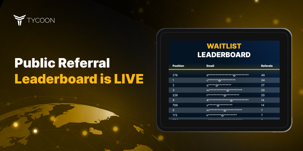 tycoon's tweet photo. 🚀 The Tycoon Referral Leaderboard is LIVE! 🎉

Climb to the top and win big in our Referral Contest! We've launched a public leaderboard showcasing the TOP 20 referrers in real-time. Earn rewards worth $2,700 and secure your spot among the elite traders.

💰 $2,700 in rewards up for grabs!

🏆 The #1 top referrer wins a Tycoon Elite Membership worth $1,999.

🥇 The top 10 referrers receive a Tycoon Premium Membership for one month, worth $79 each.

Join now: https://t.co/gwDRTrCl43

#TycoonLeaderboard