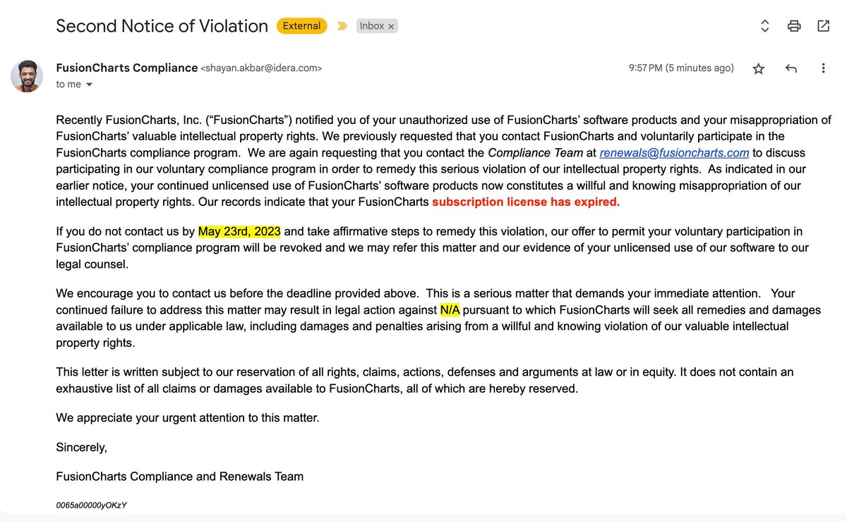 Guys from @FusionCharts you really should stop sending such kind of emails, it's really annoying. I bought a license like 2 or 3 years ago and in fact never used it (replaced with open-source alternative). I know my license is expired, and NO - I do not want to renew.