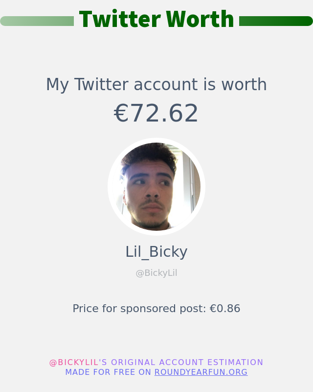 BickyLil's tweet photo. Mon twitter vaut: €72.62

➡️ https://t.co/slcWe7Dn70 https://t.co/iPHTSnqWa4