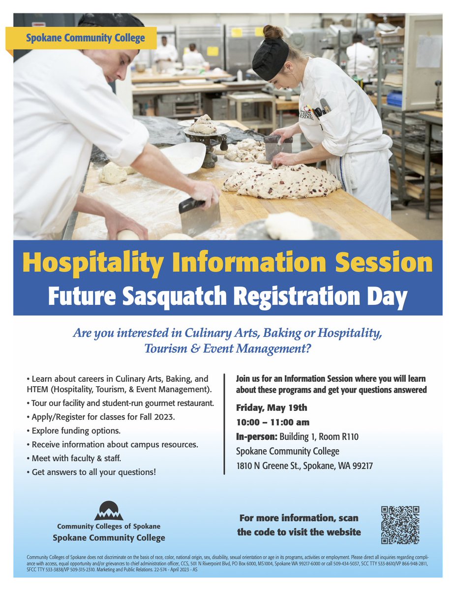 The @CCofSpokane are hosting another information session!

Join them for this Friday the Hospitality Information Session at Spokane Community College.

scc.spokane.edu/News-Events/Ca…

#hospitality #CTE #CommunityCollege #HighSchol #students #Spokane #SpokaneValley #SpokaneValleyCTE