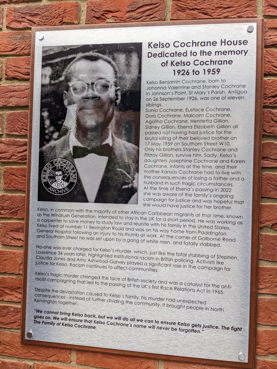 RBKC's tweet photo. This evening, the Council and the family and friends of Kelso Cochrane attended the official naming of Kelso Cochrane House on the anniversary of Kelso Cochrane’s death. https://t.co/0JhpBU4MUv