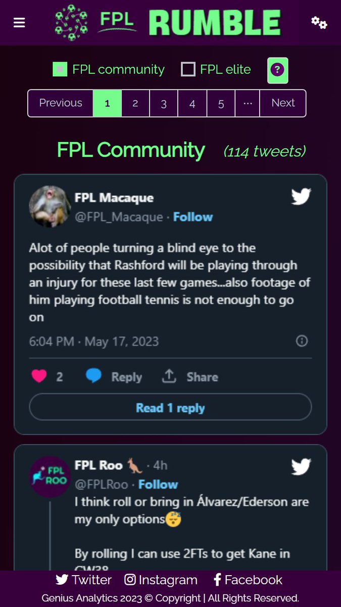 Find the latest on Rashford's availability on FPL Rumble!

In fact, type the name of any player you want and activate the "player availability" filter, and you will get all the relevant tweets from #FPL TW community. And unlike on Twitter, you can sort the tweets.

Check now to