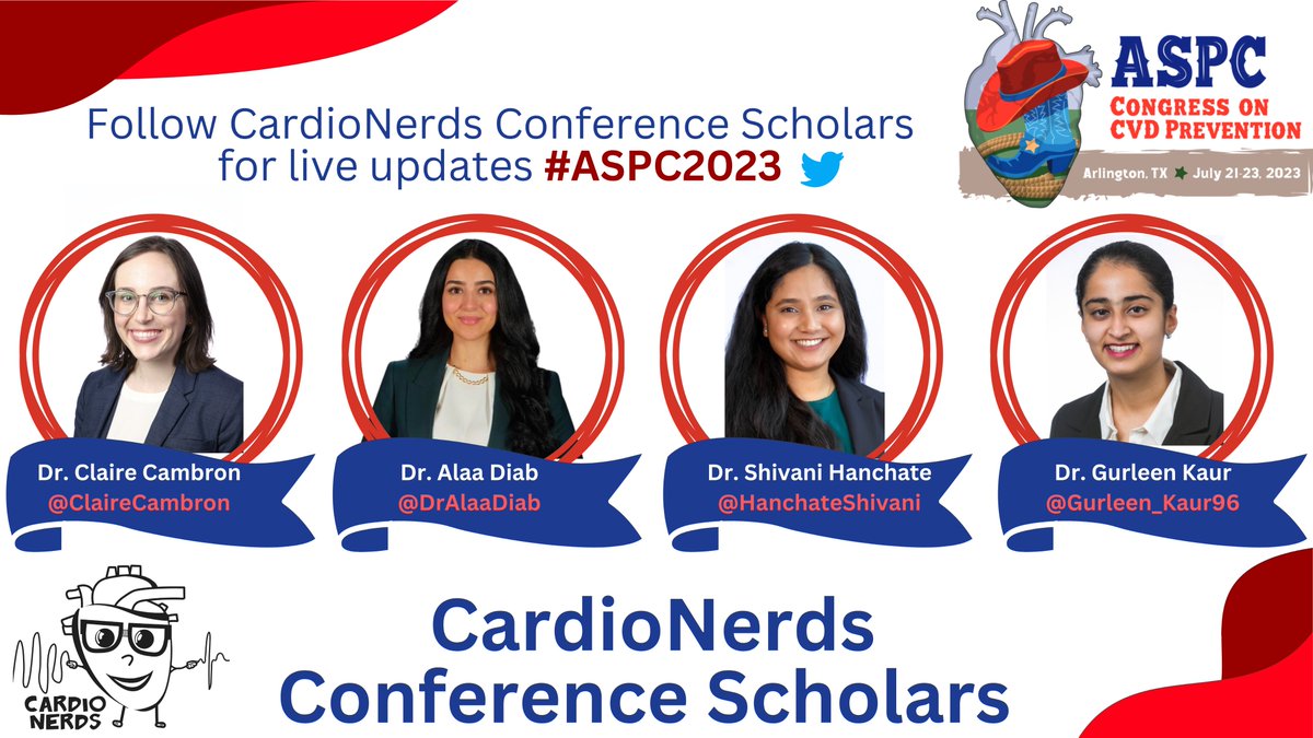 AmitGoyalMD's tweet image. Join the @CardioNerds Conference Scholars at #ASPC23: @ClaireCambron @DrAlaaDiab @HanchateShivani @Gurleen_Kaur96 ❤️🤓

Follow them to stay on top of the key takeaways!

Register: aspconline.org/2023congress/
🗓️ July 21-23, 2023
🌎 Arlington, TX