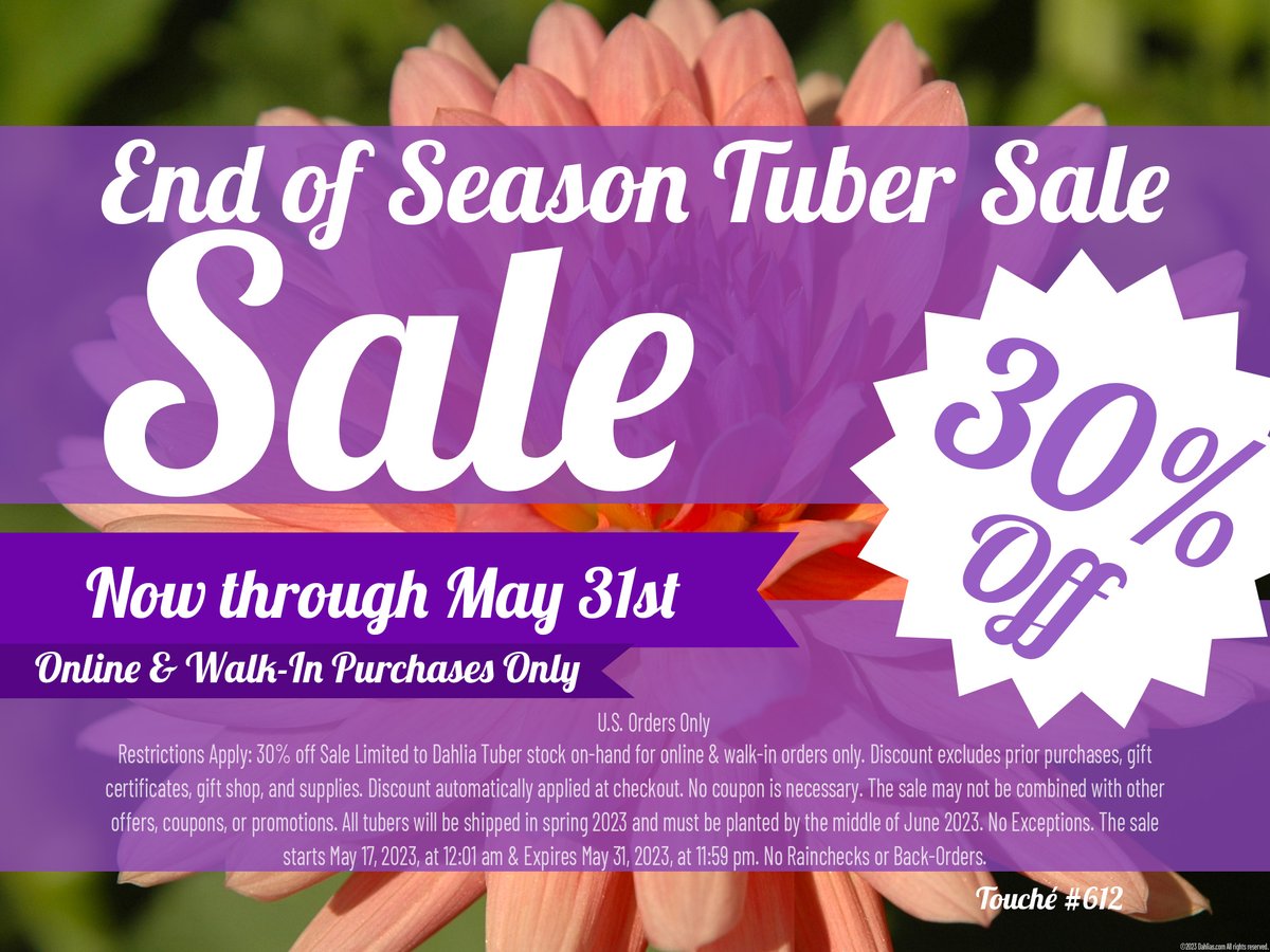 30% Off - End of the Season Tuber Sale! Now through May 31st! While Supplies Last!

dahlias.com/shop/all-dahli…

 #dahlias #siddahlias #sidahlias #canby #oregon #siddahlialove #dahlia #dahlialove #springtubersale #sale