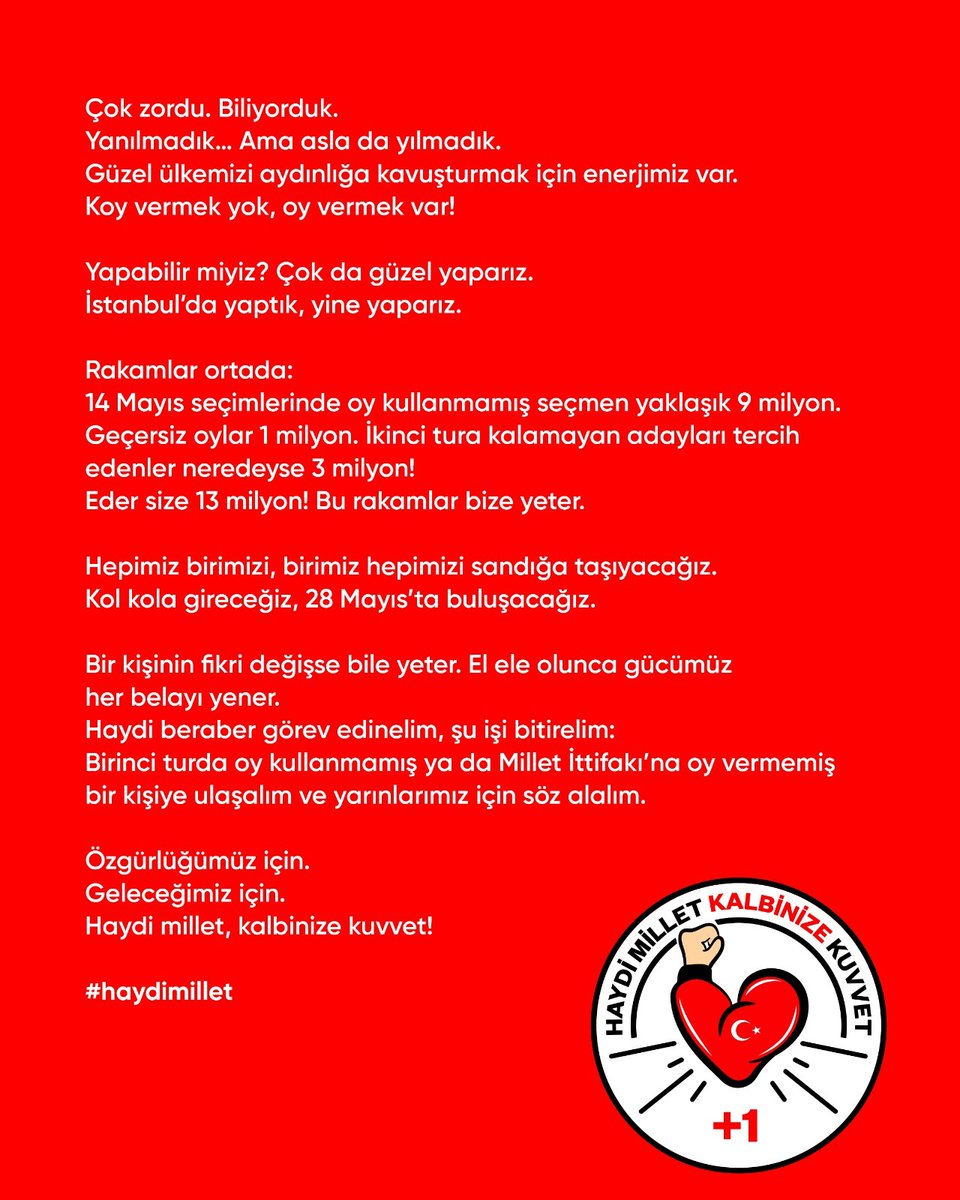 ulu_manitu's tweet photo. 14 Mayısta sandığa gitmemiş veya Millet İttifakı'na oy vermemiş en az bir seçmene ulaşıp Kılıçdaroğlu'na oy vermeye ikna etmek için böyle bir kampanya başlatılmış. Bu iş gerçekten siyasi partilere bırakılmayacak kadar acil ve önemli. #haydimillet #SeninArtıBirinKim https://t.co/WoVkp0M3rV
