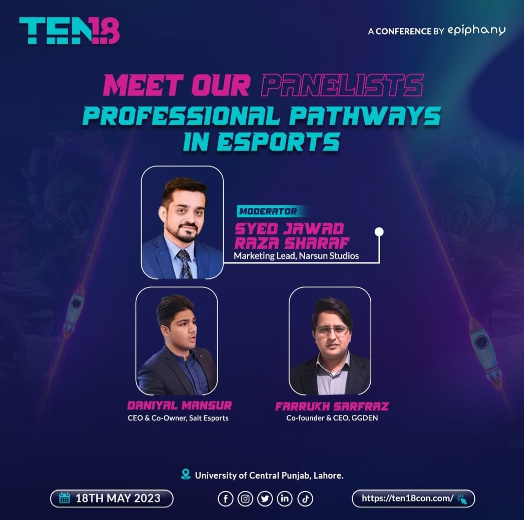 Will be speaking on Professional Pathways In Esports at <a href="/Ten18con/">ten18 con</a> on 18th May at UCP, Lahore. 

See you guys there!