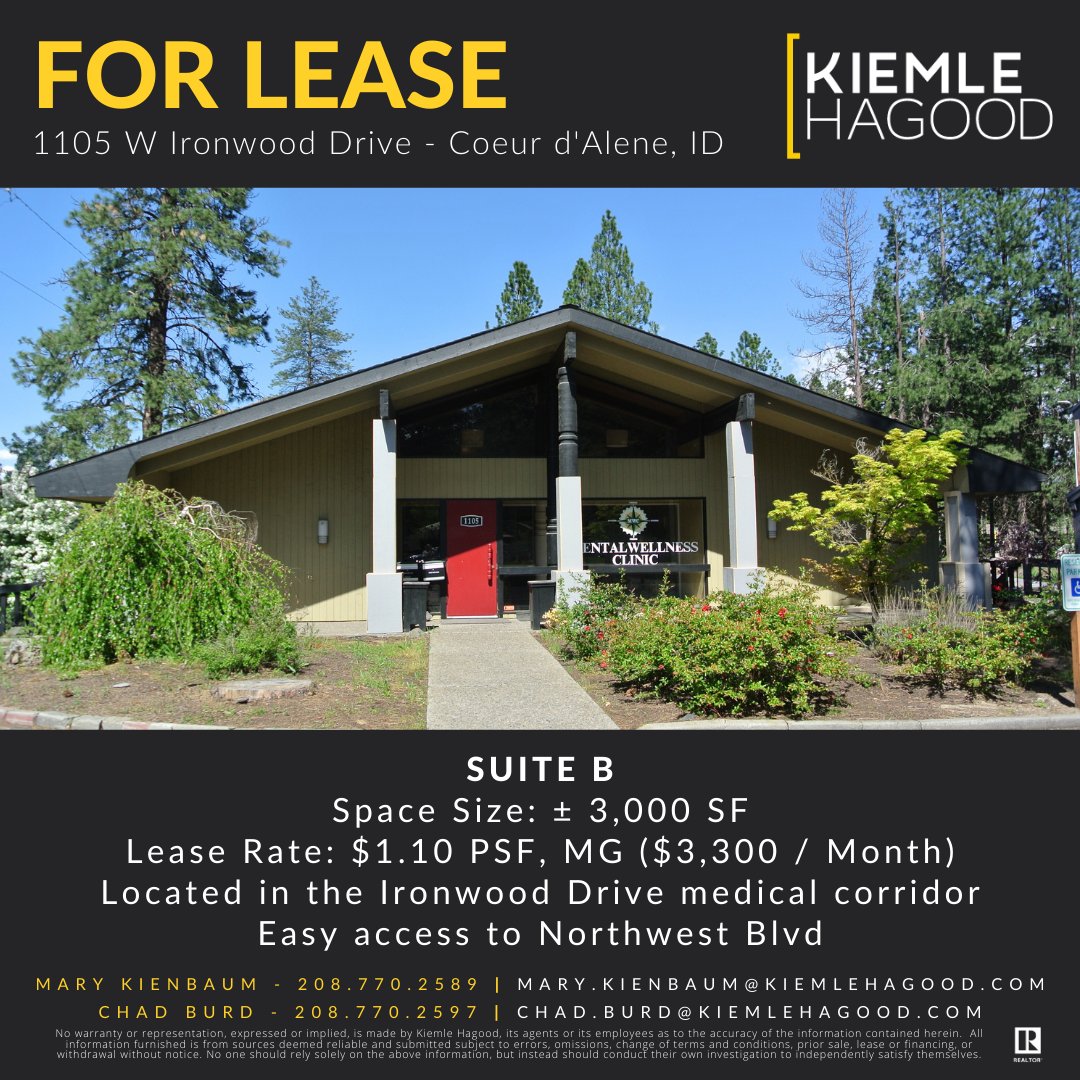 OFFICE SPACE FOR LEASE
1105 E Ironwood Drive, Suite B - Coeur d'Alene, ID
Contact Mary Kienbaum or Chad Burd for more information

Flyer Link:  ow.ly/AGHB50Oqt0s

#kiemlehagood #marykienbaum #chadburd #coeurdaleneid #officespace #forlease