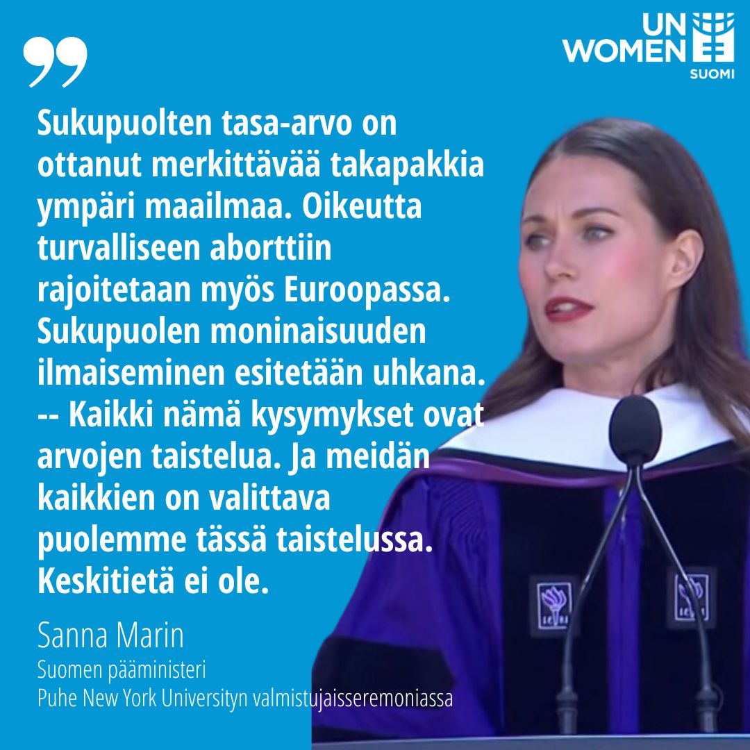 UN Women Suomi (@unwomensuomi) on Twitter photo Pääministeri <a href="/MarinSanna/">Sanna Marin</a> muistutti puheessaan, että emme voi odottaa jonkun muun muuttavan asioita, joiden haluamme muuttuvan -meidän on toimittava paremman tulevaisuuden puolesta itse.
Vaadi kanssamme, että tasa-arvosta ei leikata - allekirjoita vetoomus: unwomen.fi/tasa-arvosta-e… Pääministeri <a href="/MarinSanna/">Sanna Marin</a> muistutti puheessaan, että emme voi odottaa jonkun muun muuttavan asioita, joiden haluamme muuttuvan -meidän on toimittava paremman tulevaisuuden puolesta itse.
Vaadi kanssamme, että tasa-arvosta ei leikata - allekirjoita vetoomus: unwomen.fi/tasa-arvosta-e…