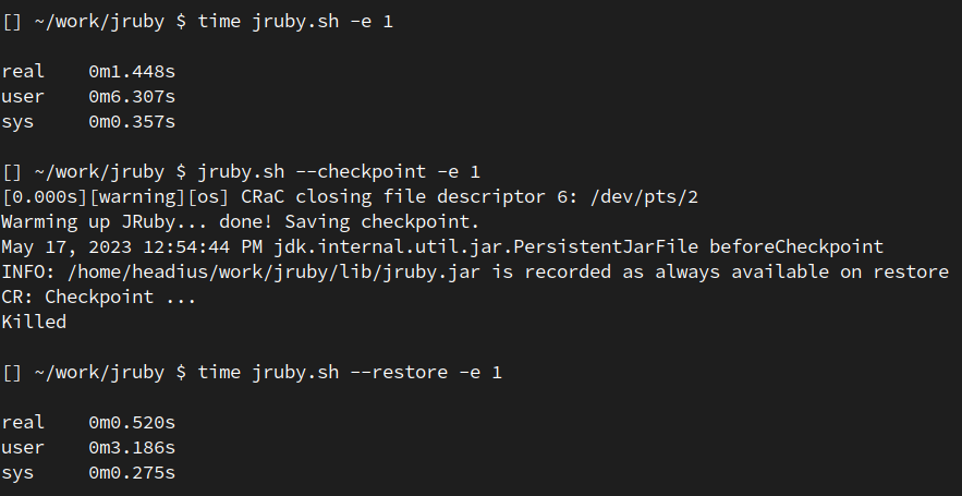 headius's tweet image. Exciting news: @AzulSystems has released builds of JDK 17 that include support for CRaC, "Coordinated Restore at Checkpoint", another feature using @__criu__ to capture a running process and restore it later on. Here's JRuby startup on CRaC... looking great!