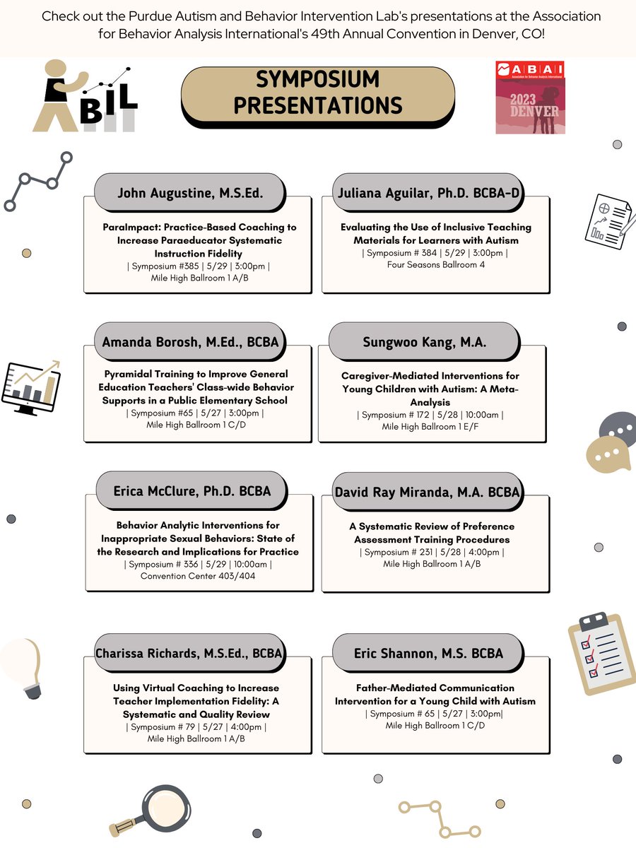 Purdue Autism & Behavior Intervention Lab (ABIL) (@purdueabil) on Twitter photo ABIL is excited to head to Denver, CO next week for #ABAI2023! Doc students and faculty will present 8 symposium presentations about our current research! Come say hi! 
#behaviortwitter <a href="/ABAIEvents/">ABA International</a> <a href="/PurdueEDU/">Purdue College of Education</a> <a href="/PurdueSPED/">Purdue Special Education</a> ABIL is excited to head to Denver, CO next week for #ABAI2023! Doc students and faculty will present 8 symposium presentations about our current research! Come say hi! 
#behaviortwitter <a href="/ABAIEvents/">ABA International</a> <a href="/PurdueEDU/">Purdue College of Education</a> <a href="/PurdueSPED/">Purdue Special Education</a>