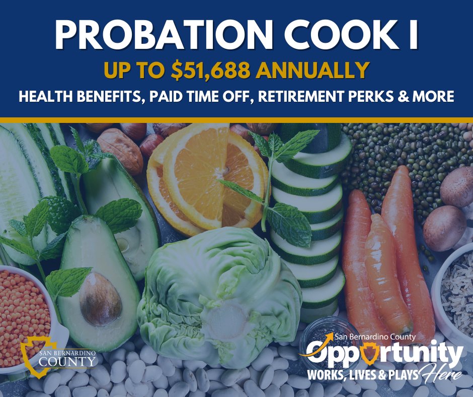 #SanBernardinoCounty is now hiring for #Probation #CookI! Apply today to be considered for this great opportunity! bit.ly/3BB05Te #sbcounty #careers #governmentjobs #OpportunityWorksHere #jobs