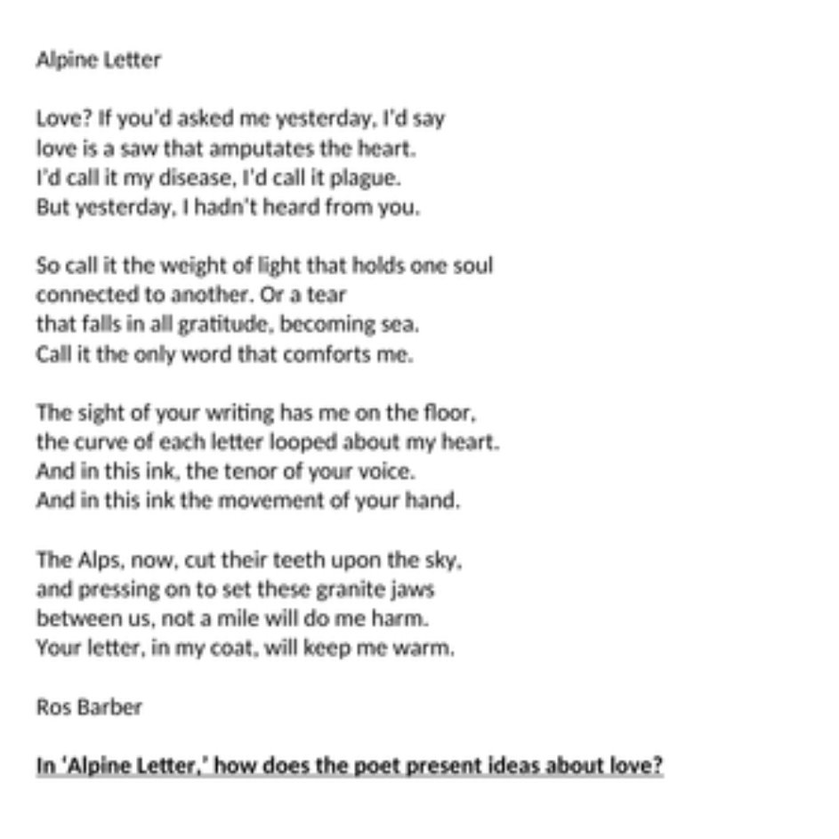@helanvictoria @LitdriveUK This was my tactic to specifically target AO2, we had already completed a 24-mark Q1 comparison using 'Alpine Letter', and when we did that we approached it ideas-first, but for the Q2 comparison we only focused on methods, i.e. Barber's use of a ballad compared to Duffy's sonnet