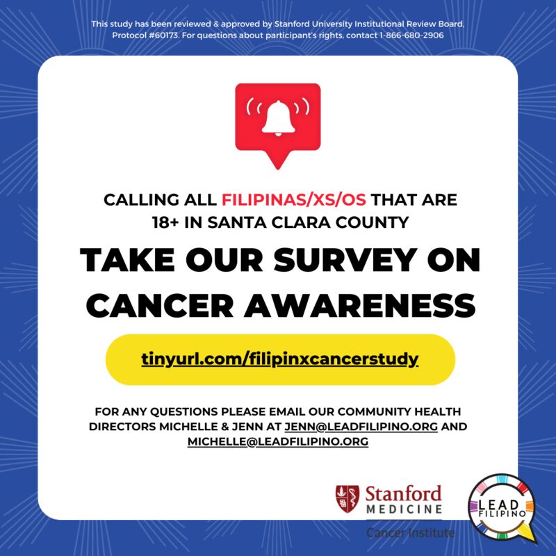 paphc2022's tweet photo. @leadfilipino and the Stanford Cancer Institute are calling all Filipino Americans currently living in Santa Clara County to participate in this survey of cancer knowledge, attitudes, and behaviors in the Filipino community. https://t.co/BjzJLie212 https://t.co/fI85VFPE44