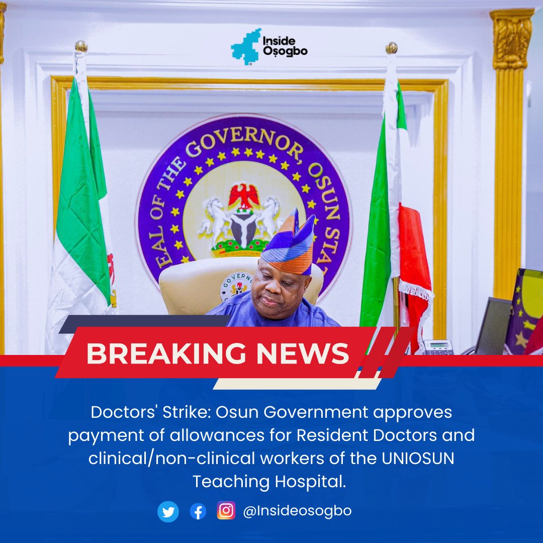 InsideOsogbo's tweet photo. The Osun State Govt. has approved the payment of allowances for clinical and non-clinical workers of the UNIOSUN Teaching Hospital.

According to a statement issued by the Spokesperson to the Osun State Governor, @iwogoke, this development is the outcome of the close-door... 
1/2 https://t.co/4B4VsncKZw