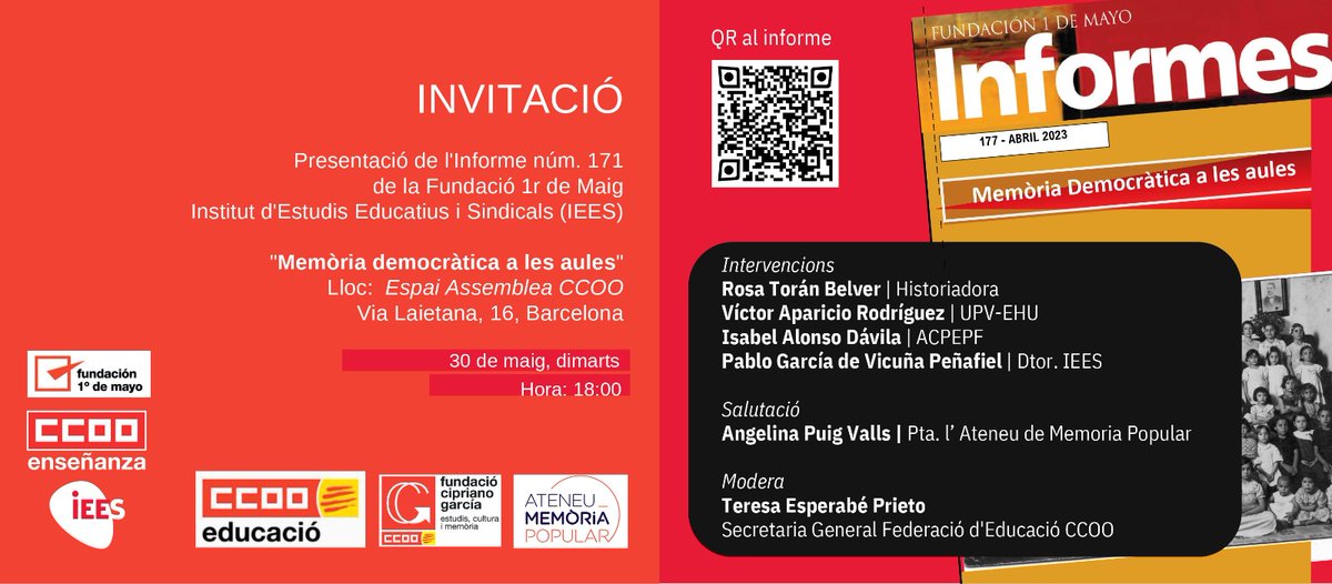 Ateneu_Memoria's tweet photo. 🧭No us podeu perdre la presentació de l'informe «Memoria democrática en las aulas» de la @fundacion1mayo.
📚Plegades reflexionarem sobre com portar la  #MemòriaDemocràtica a les aules i com fer efectius els principis de #veritat #justícia #reparació i #garantiesdenorepetició. https://t.co/68286bKtZY