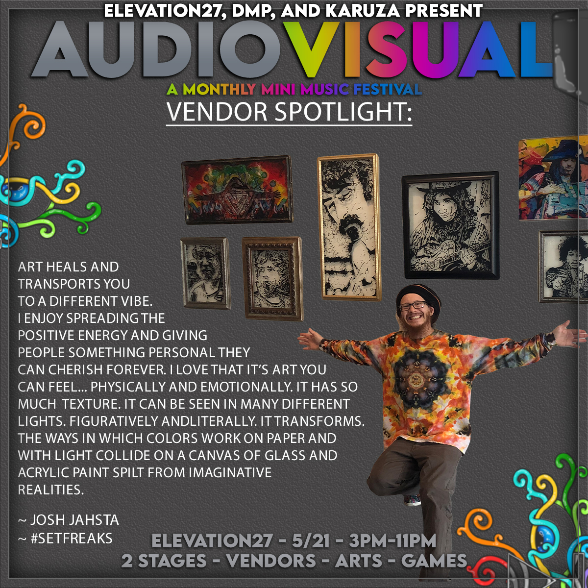 DMPVirginia's tweet photo. Josh Jahsta joins us this Sunday for The Audio Visual Minifest!  

Specializing in glass art.  

"The ways in which colors work on paper and with light collide on a canvas of glass and acrylic paint spilt from imaginative realities"

Tickets At https://t.co/FdBWTcbrGF https://t.co/sWebQWBKfb