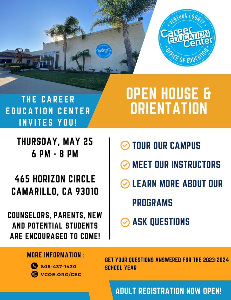 📣Attention Ventura County! Join us next Thursday, May 25 for our Open House! Explore our campus, meet our brilliant staff, and learn about the career focused opportunities we offer! 

We hope to see you there! 

#CareerEducationCenter #camarillo #venturacounty #careerplanning