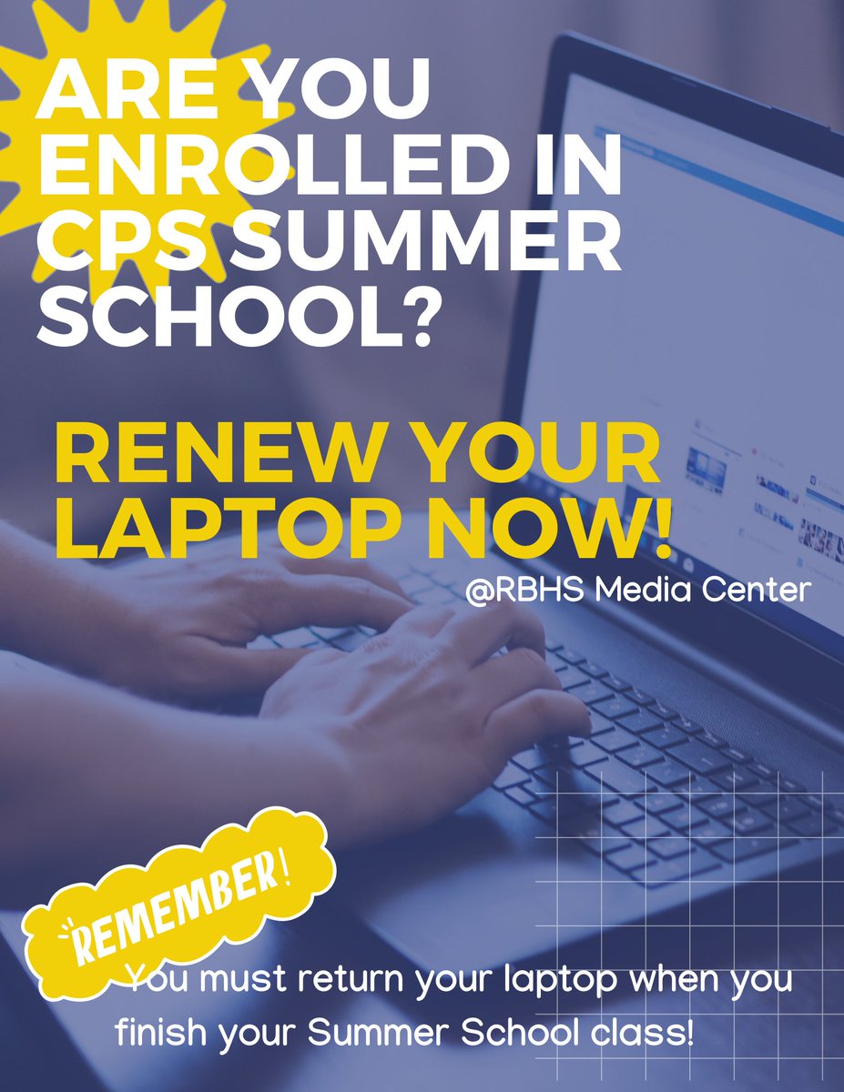 Bruins, if you are taking classes either online or in seat this summer, you need to renew your laptop.  Come and visit us in the RBHS Media Center, and we'll make the magic happen.  #RockBridgeRocks