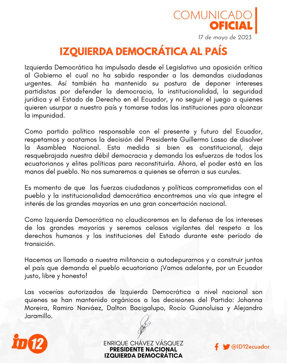 COMUNICADO OFICIAL | IZQUIERDA DEMOCRÁTICA AL PAÍS
