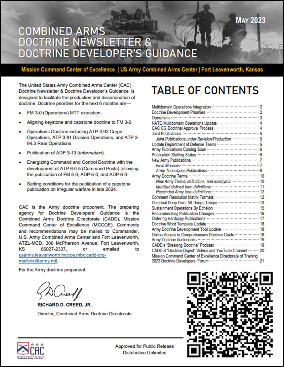 USArmyDoctrine's tweet photo. The Spring 2023 issue of our 'Combined Arms Doctrine Newsletter' is out. It provides a synopsis of changes in Army doctrine over the past 6-months and a glimpse of what's to come. Scan the QR code or click the link below to check it out.
📗
Link: https://t.co/gsPJGt8b0o https://t.co/nd1DQ52MrF