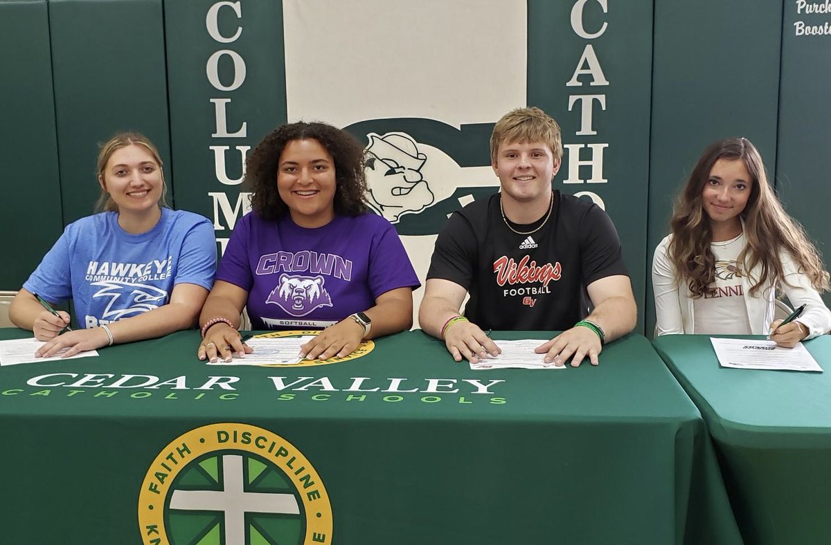 Congratulations to our seniors planning to compete in collegiate athletics!

This group includes Katie R. (Hawkeye CC softball), Sydney G. (Crown College softball), Connor K. (Grand View University football), Sophia F. (Coe College tennis).