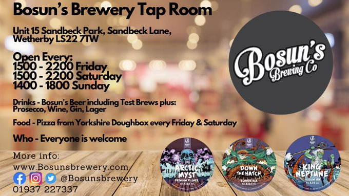 Did you know that <a href="/bosunsbrewery/">Bosun's Brewery</a>, a supporter of <a href="/cliffordbeerfst/">CliffordBeerFestival</a> has a tap room? 
Opening times: 
Friday &amp; Saturday 3pm to 10pm 
Sunday 2pm to 6pm
They even have pizza on Fridays &amp; Saturdays. 
Have a look at their website bosunsbrewery.com for more info.
Cheers! 🍻
#beer