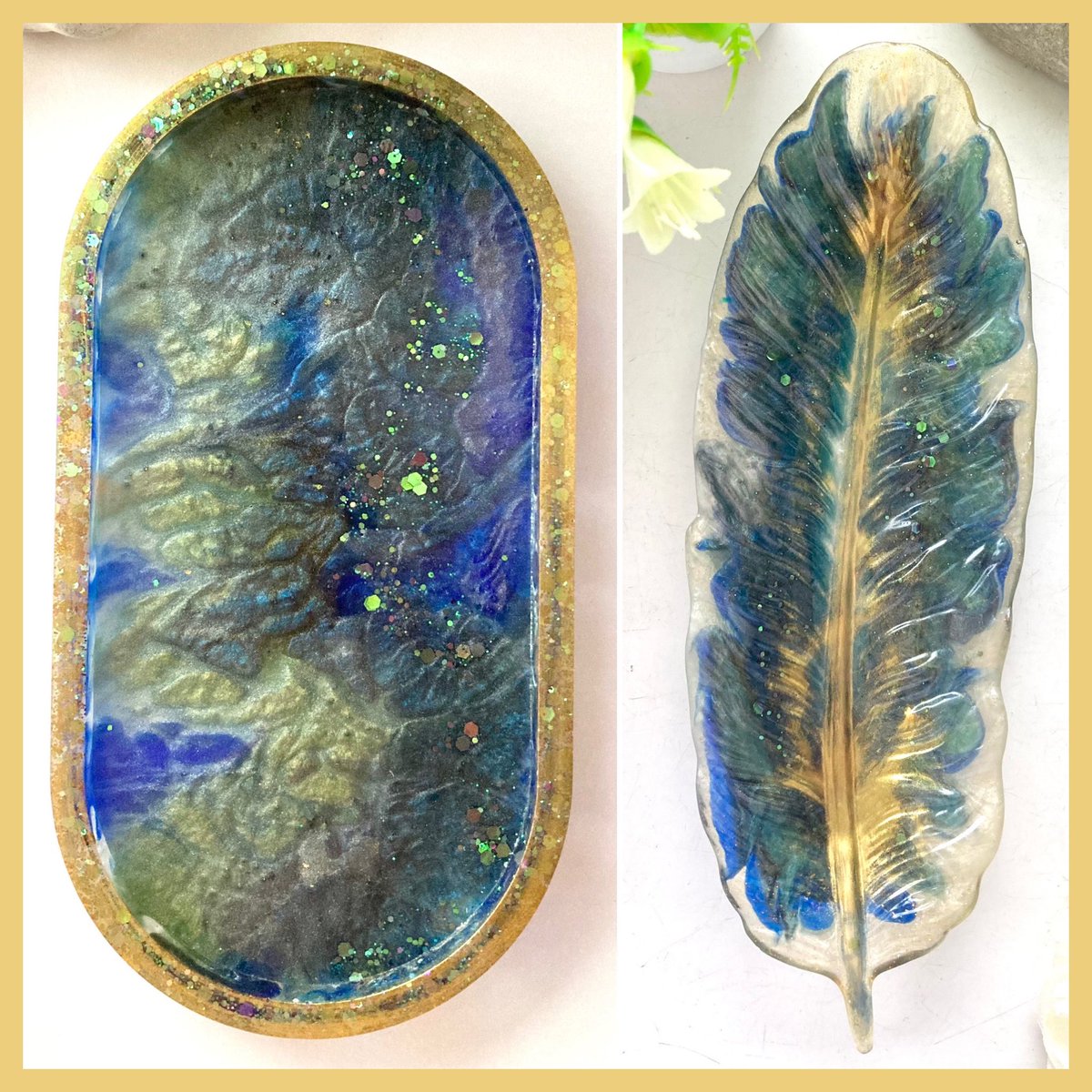 UdesignsM's tweet photo. Check out these pretty resin trays, a small oval tray in a shimmery green, blue, glitter &amp; gold design &amp; a green, blue &amp; gold feather tray. Perfect for gifts for any occasion: https://t.co/Aqhicr6ZLn #womaninbizhour #HandmadeHour #onlinecraft #MHHSBD https://t.co/AqYFz8BvYk