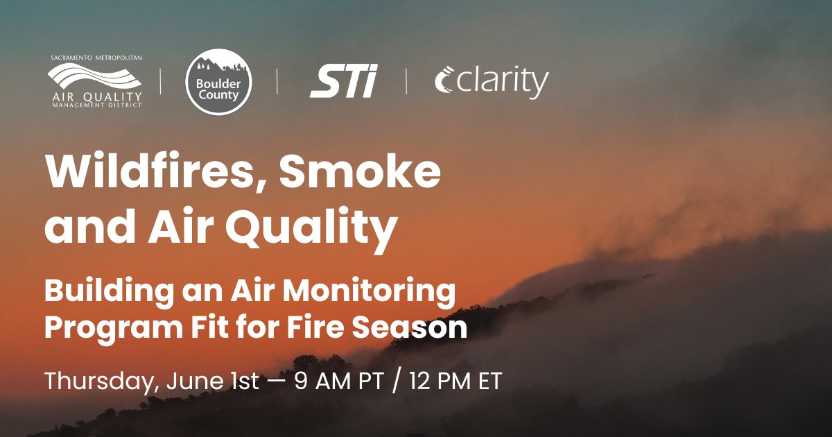 Register now for Clarity's June 1st webinar, Wildfires, Smoke and Air Quality 👉 clarity.io/landing-pages/…

You'll hear from experts at the forefront of air quality management &amp; learn about innovative data-driven projects that protect communities from wildfire smoke events.