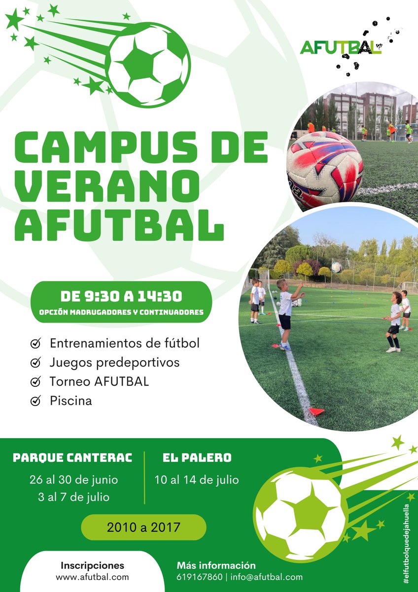 afutbalES's tweet photo. ACADEMIA | ¡Ya está de vuelta un año más el Campus de Verano AFUTBAL! ☀️

Juegos… torneos… piscina… y sobre todo ¡mucho fútbol! 

🏟️ Parque Canterac
🏟️ El Palero

¡Infórmate ya! 

#afutbal #campus #verano #futbol #valladolid https://t.co/Tq4sqToCKV