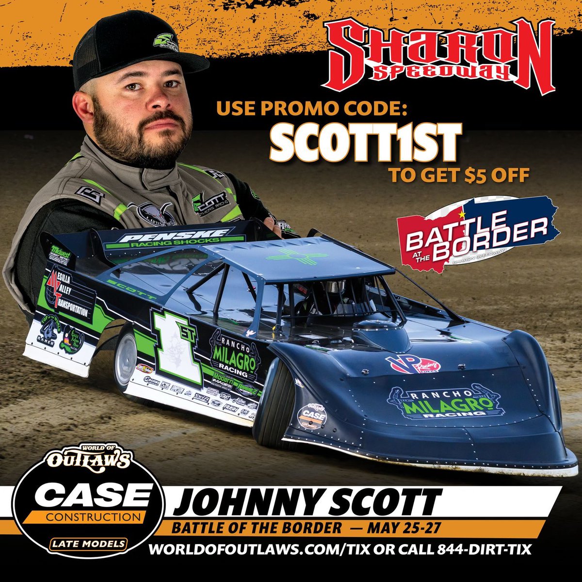 Use my code to get your tickets to Sharon Speedway’s Battle at the Border on May 25-27! Purchase in advance and save at WorldofOutlaws.com