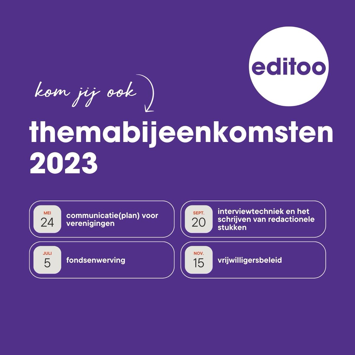 THEMABIJEENKOMSTEN | Nieuwe data en onderwerpen! Je kunt je inschrijven via de link in onze bio (max. 2 personen per vereniging of organisatie).

#editoo #themabijeenkomst #verenigingen #socialmedia#instagram #drukwerk #arnhem #sesam #academie