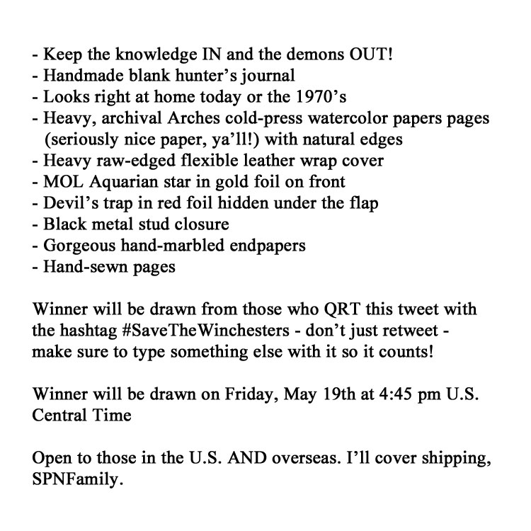 waywrdaughter67's tweet photo. QRT this tweet with #SaveTheWinchesters and I'll pick a winner end of day Friday May 19th for this very portable Hunter's journal. I may be a bit late, but I can't make these things overnight...  @JensenAckles @DanneelHarris  @imDrakeRodger Open to U.S. and international https://t.co/yeMlLFqHcD