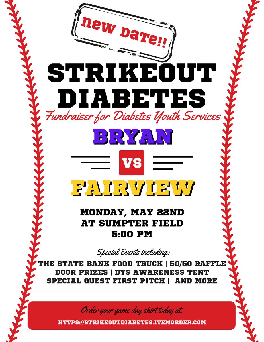 BHSGoldenBears's tweet photo. Don't forget that on Monday, @BHSBaseball_W1N will play their final game at Sumpter Field this year and raise money in the process! Come out and support the event for @DYS_4kids and help Strikeout Diabetes! #BryanBuilt https://t.co/G2H23clCDo