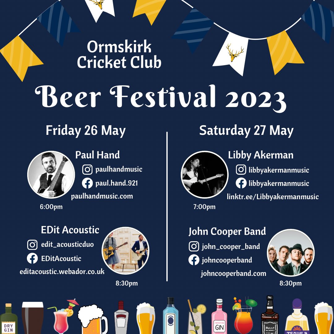 Ormskirk_CC's tweet photo. The wait is finally over! Here are your acts that will be performing live at our Beer Festival over the next bank holiday weekend.

Tickets are available from behind the bar or will be available to purchase on the gate each day.

We can’t wait to see you there!

🎹🎷🎤🥁🪕🎶🎸 https://t.co/oq8CLv7AVq