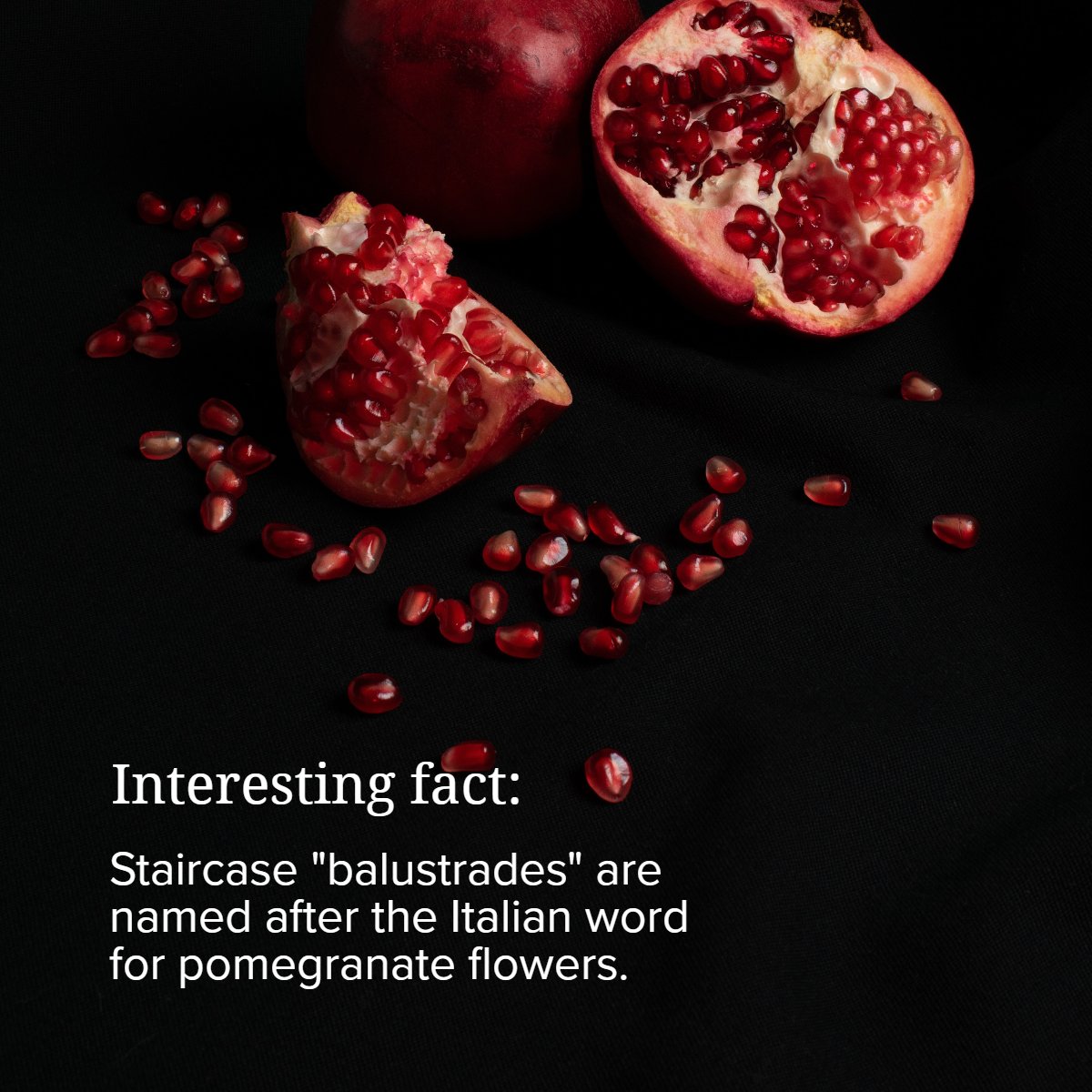 Did you know?

Staircase 'balustrades' are named after the Italian word for pomegranate flowers. 🤓

#didyouknow    #pomegranate    #staircase    #balustrades    #pomegranateflowers    #architecture    #facts
#Reno #RealEstate #Newhouse #Kitchenreno #FlooringReno
