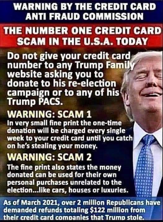 🔥 #NeverForget .. #CauseandEffect 🔥 

THE ONLY plan #ConDon had was #ScammingMAGA of  💰 

TRUMP IS A FRAUD & CON MAN 
#AccountabilityMatters‼️

#TrumpOrgIndictments #TrumpCrimeFamilyForPrison #TraitorTrump #TrumpIndictments #PutinsPuppet #TrumpLost

🔥#NOTPoliticalCRIMINAL🔥