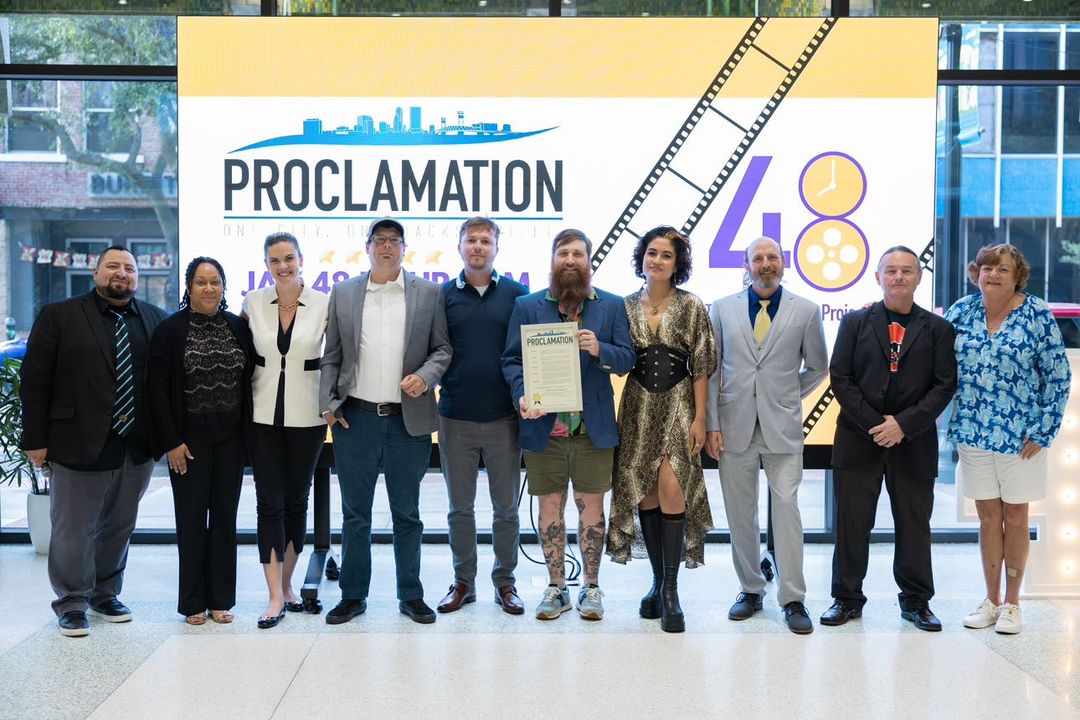 filmjax1's tweet photo. On May 15, 2023, the City of Jacksonville Mayor proclaimed "JAX 48 Hour Film Project Day". 

Adam &amp; Monique Madrid wanted to highlight the cast and crew from the winning film "Threshold."

Photo Credit: Ally Brody https://t.co/45mWl1GGfq