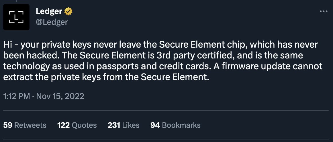 OlimpioCrypto's tweet photo. Nov 2022: A firmware update cannot extract the private keys from the Secure Element — Ledger

May 2023: Technically speaking it is and always has been possible to write firmware that facilitates key extraction — Ledger

@Ledger, do you now understand the problem? https://t.co/czG53SuCOu