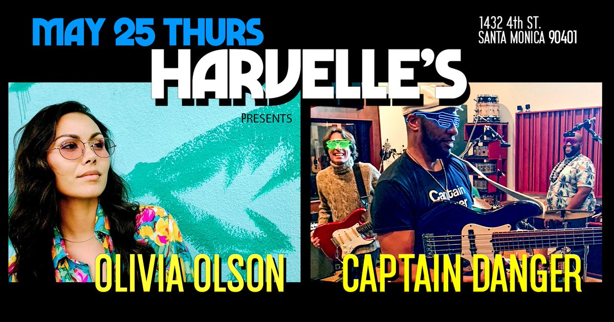 May 25th Thurs - Harvelle's! 
Olivia Olson with Captain Danger! 
&amp; Friends!
1432 4th St., Santa Monica 90401
<a href="/OliveOlson/">Olivia Olson</a> <a href="/captdanger/">Captain Danger</a> 
captaindanger.com
linktr.ee/oliviaroseolson
santamonica.harvelles.com/shows/220774