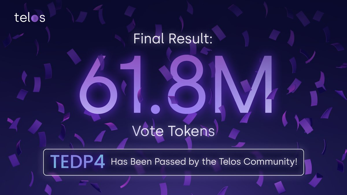 The #Telos Community Has Officially Passed TEDP4! 🎉

TEDP4 has passed with an overwhelming 99.46% of the 61.8M Vote Tokens cast! Learn more about our next steps by reading our article linked below! 

Read Now ➡️🔗 loom.ly/nKJ4MJ8