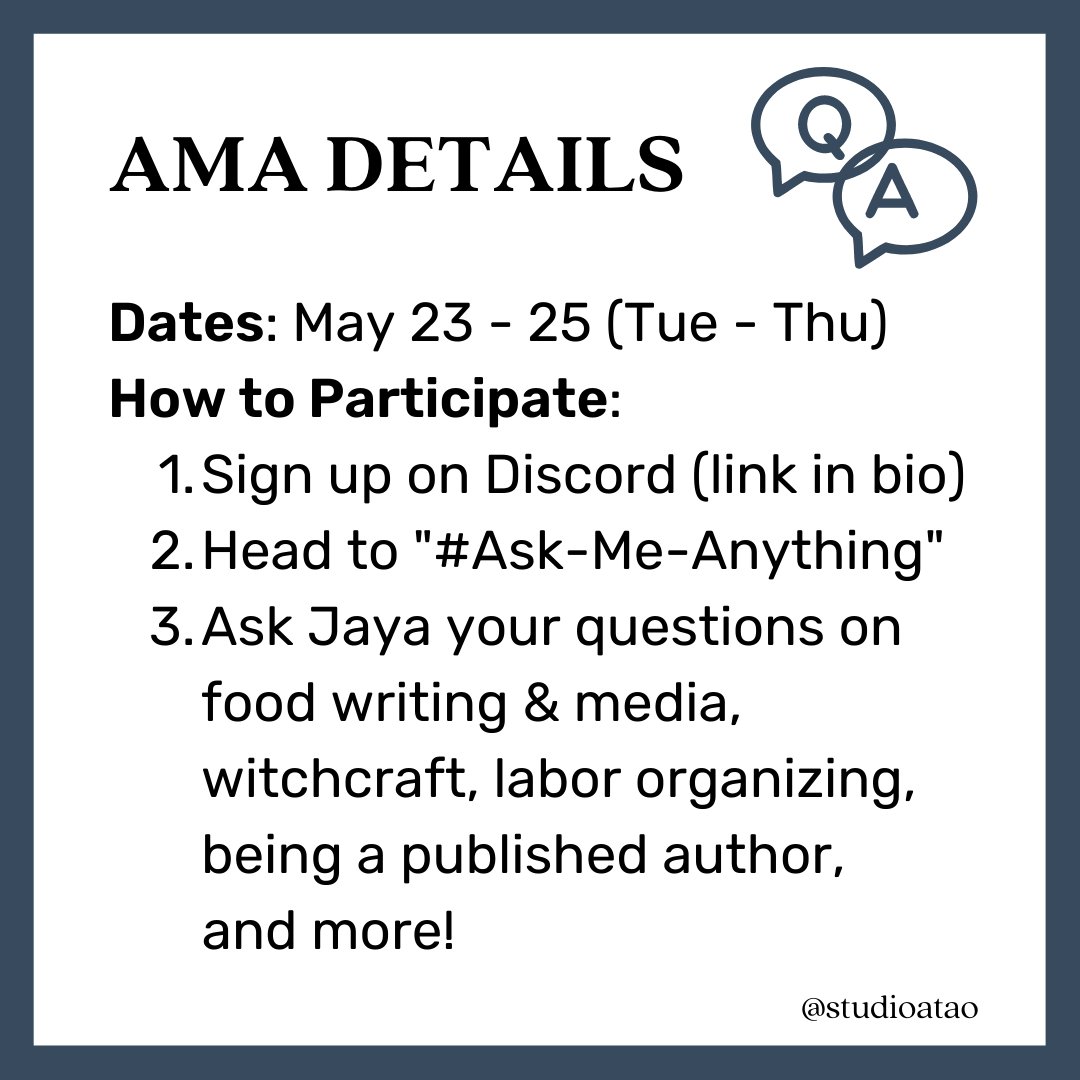 StudioATAO's tweet photo. 📣Join us on Discord for an AMA with Jaya Saxena (@jayasax), brilliant food &amp; culture writer and correspondent at @Eater. From May 23-25, ask Jaya your questions about food writing, labor organizing @vox_union, witchcraft, and more! Sign up here: https://t.co/exfCUK8lsG https://t.co/SLgFWSllhs